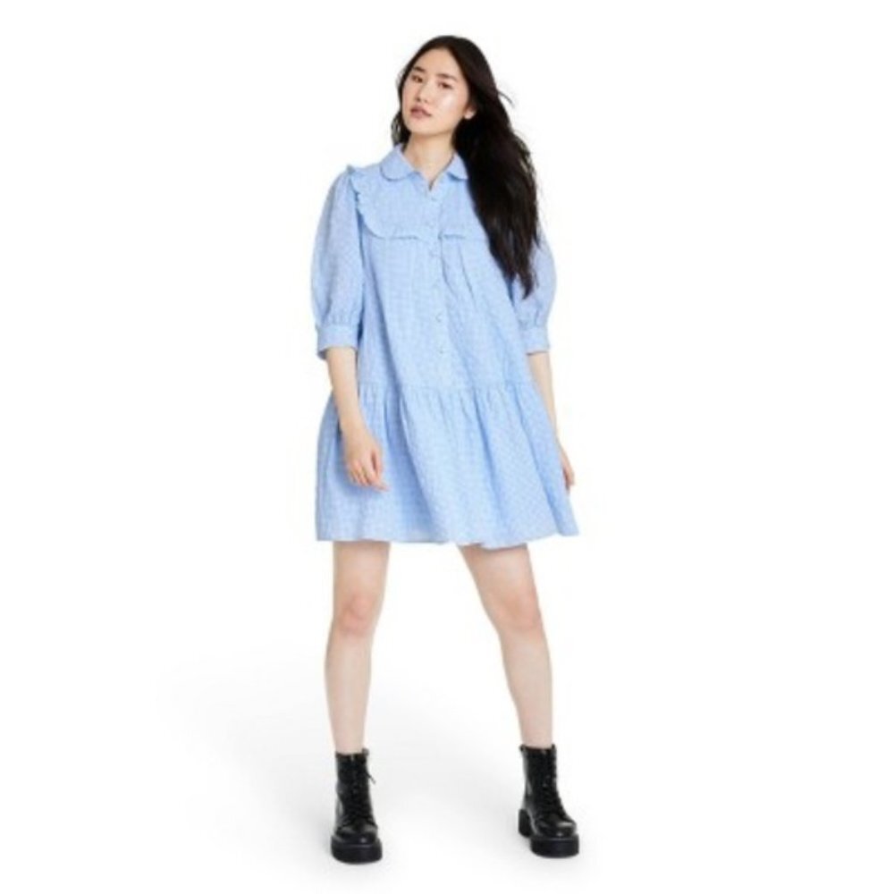 NWT Sandy Liang x Target Blue Dress Gingham 3/4 Sleeve Shirtdress